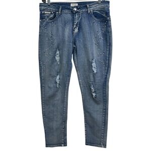 SAZA Jeans Womens 18 Blue Skinny Mid Rise Distressed Studded Star Embellished